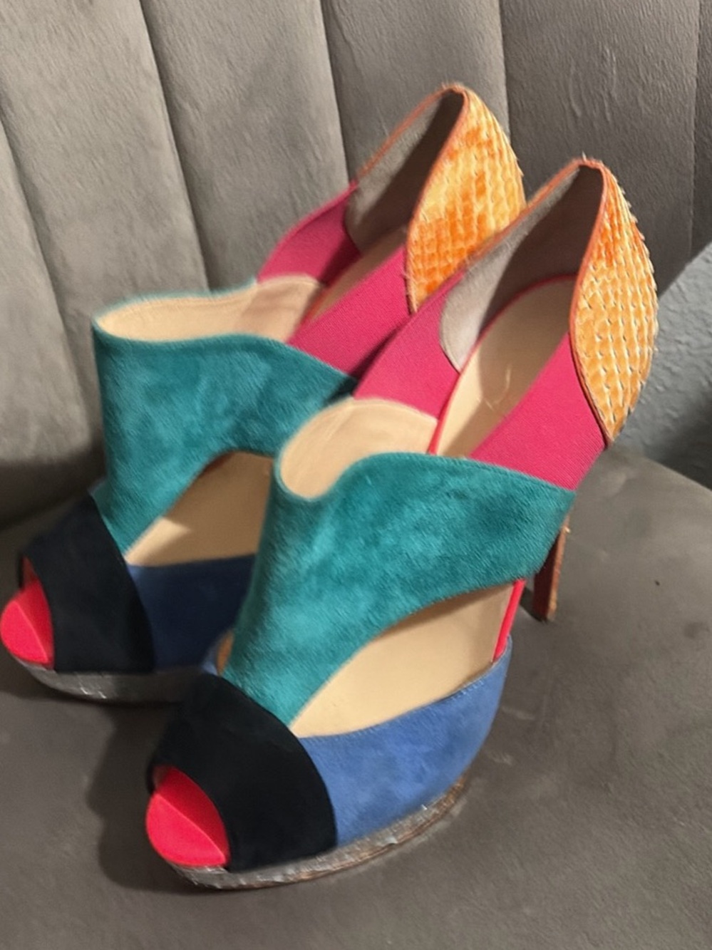 Christian Louboutin Teal, Pink, Blue & Yellow Suede Peep-Toe Heels